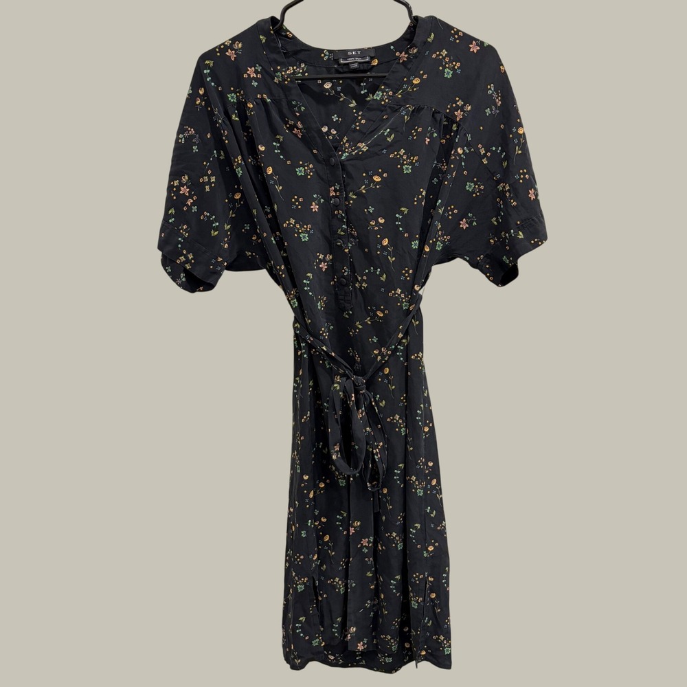 SET Black Silk Ditsy Floral Popover Shirt Belted Midi Dress Sz 0 French Cottage